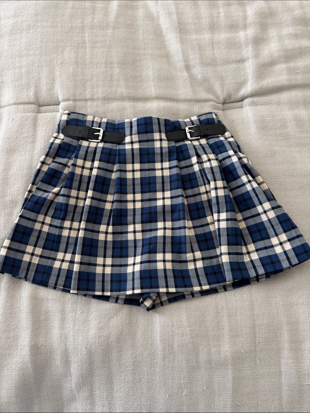 Zara Blue and Cream Plaid Pleated Mini Skort